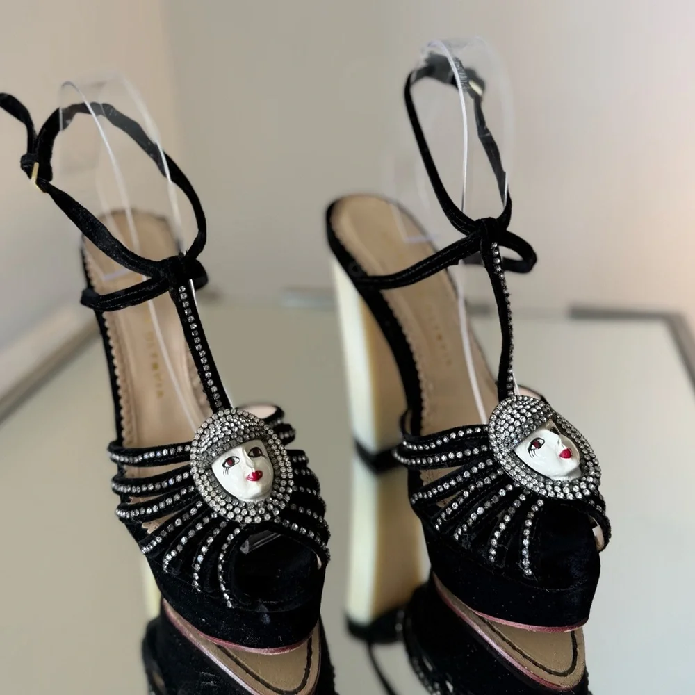 Charlotte Olympia Black Platform T-Strap Sandals with Ivory Block Heel 37
